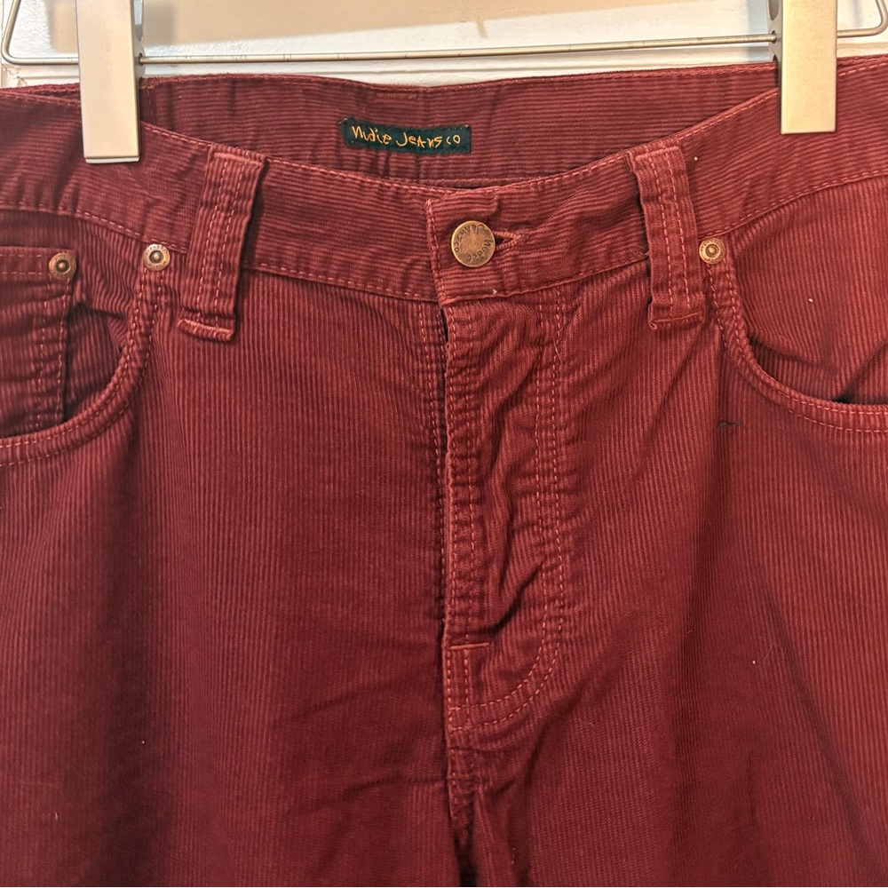 Nudie Jeans Bootcut Corduroy Jeans - Deep Burgundy - Grim Tim button fly